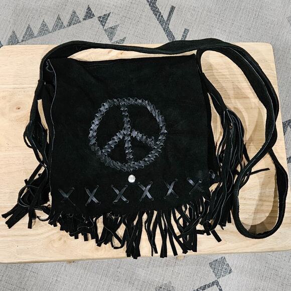 Genuine Suede & Leather Peace Sign Stitched Black Purse - Picture 1 of 11